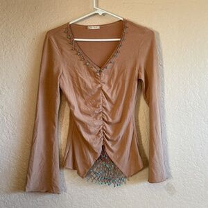 90s Y2K Sans Souci Ruched Tan w/ Faux Turquoise Beaded Flare Long Sleeves Top